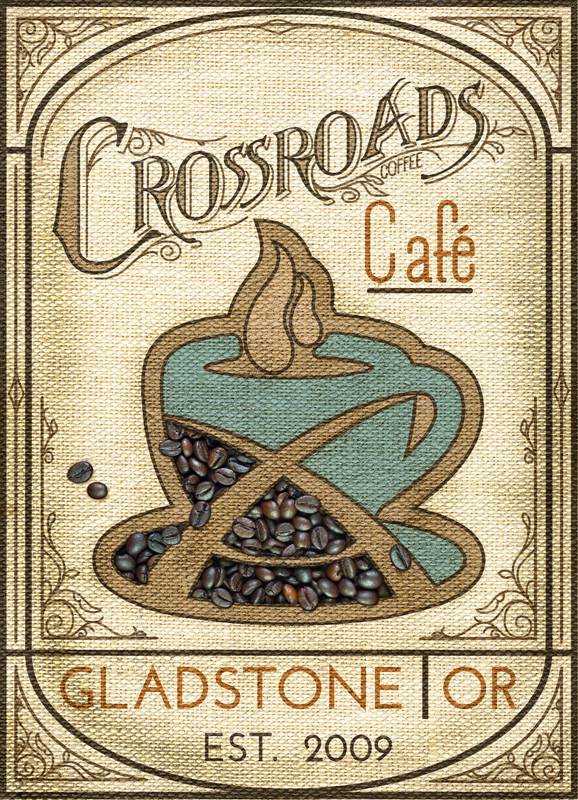 crossroads sign burlap painting (small) Crossroads Coffee Cafe